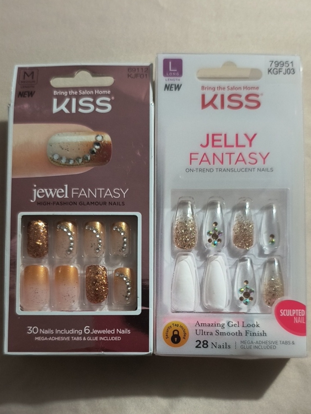 KISS Jewel & Jelly Fantasy Press-On Nails – Gold and Clear Accent 2 Boxes